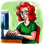 water colour painting of a middle aged white female teacher with dark-pink curly shoulder-length hair wearing a green v-neck dress and red rimmed glasses working at a mac computer